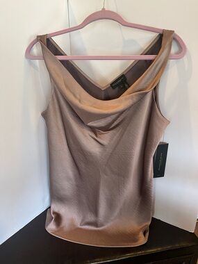 Donna Karan Satin Cowl Neck Blouse in Taupe-Brown